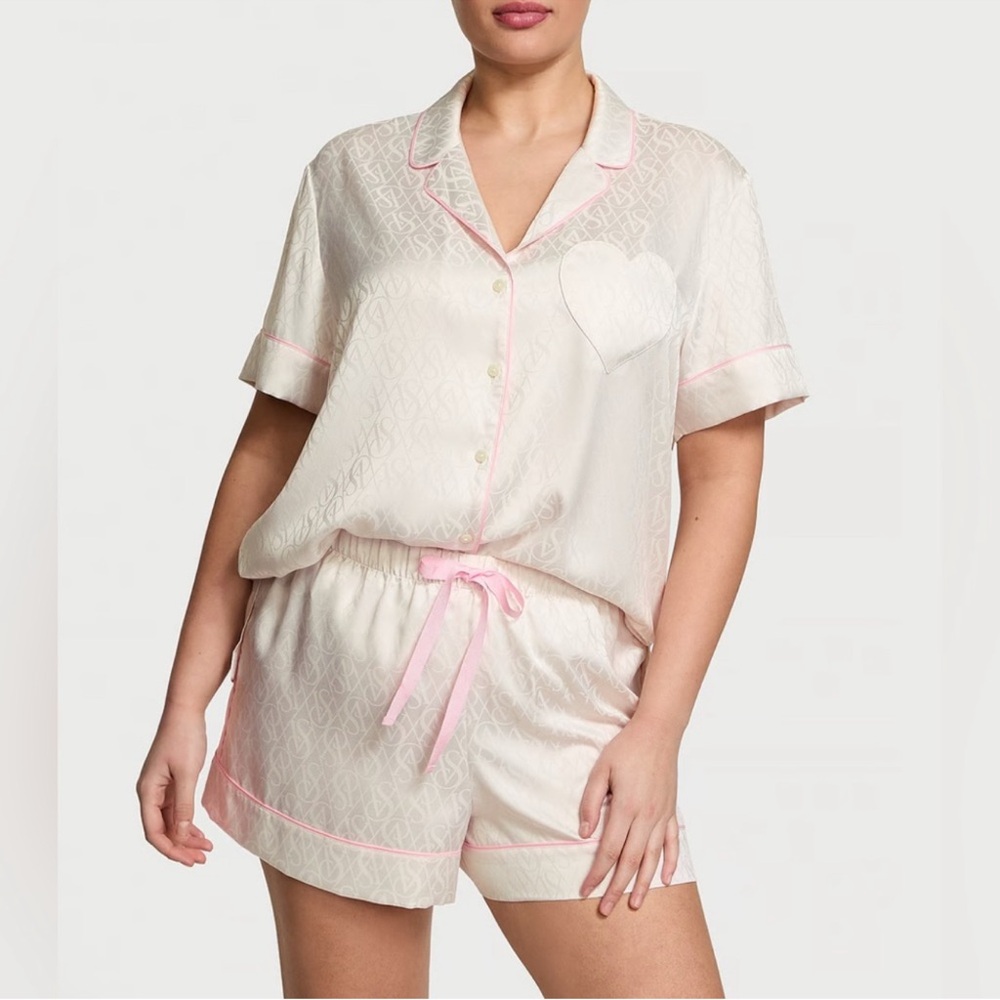 Victoria Secret White and Pink Satin Pajama Set